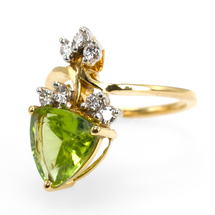 21K Gold Trillion Cut Peridot and Diamond Ring