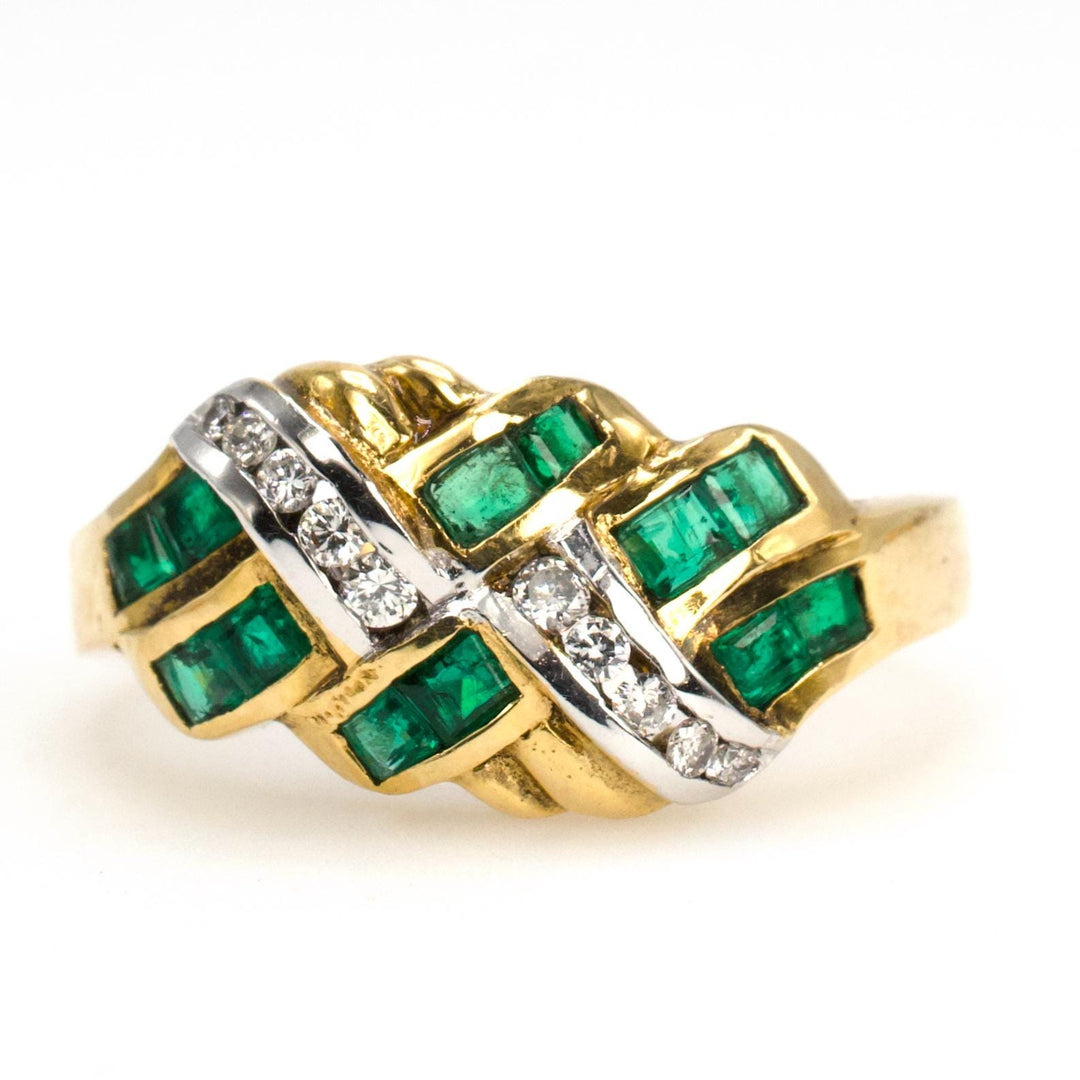 Wide Twisted Emerald and Diamond Band in 18K Yellow Gold