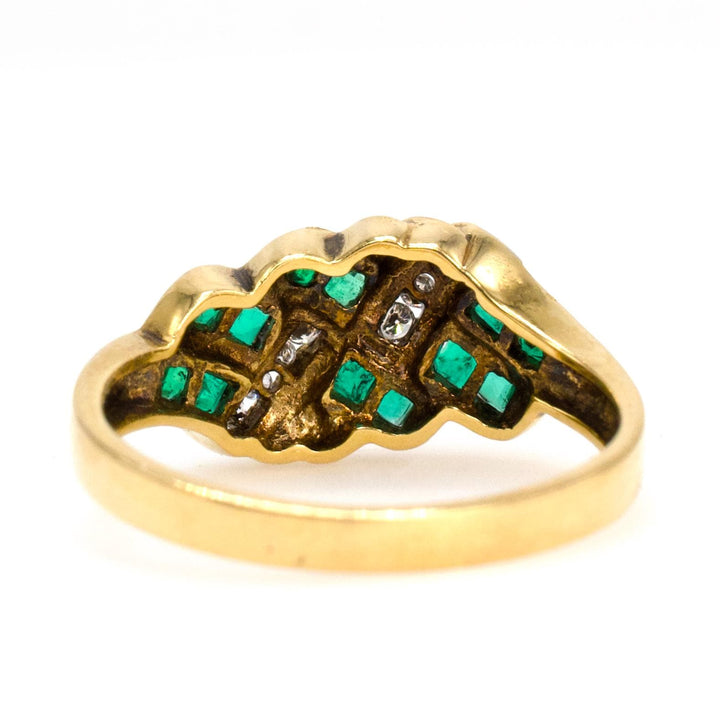 Wide Twisted Emerald and Diamond Band in 18K Yellow Gold