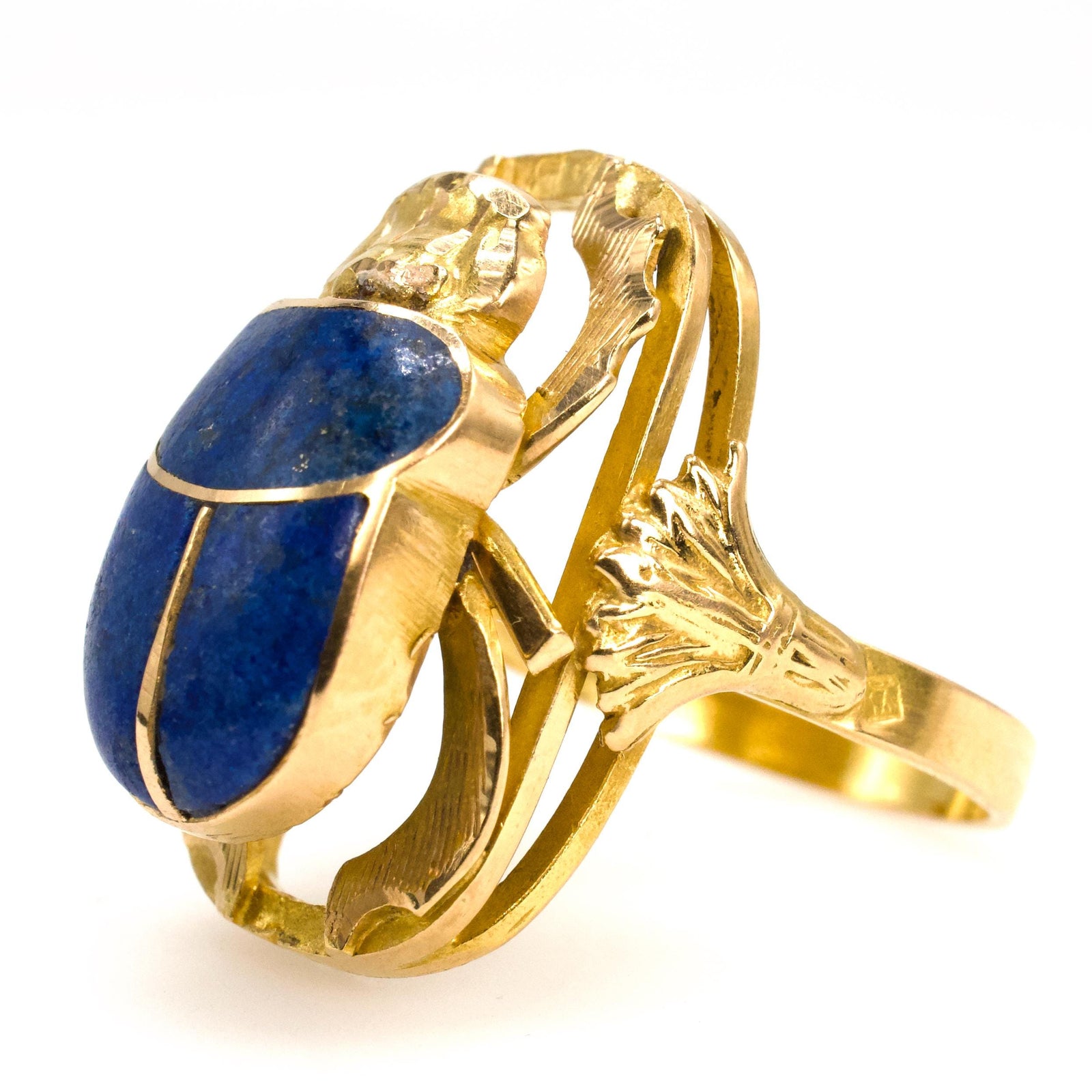 Egyptian Inspired 18K Yellow Gold and Lapis Lazuli Scarab Ring