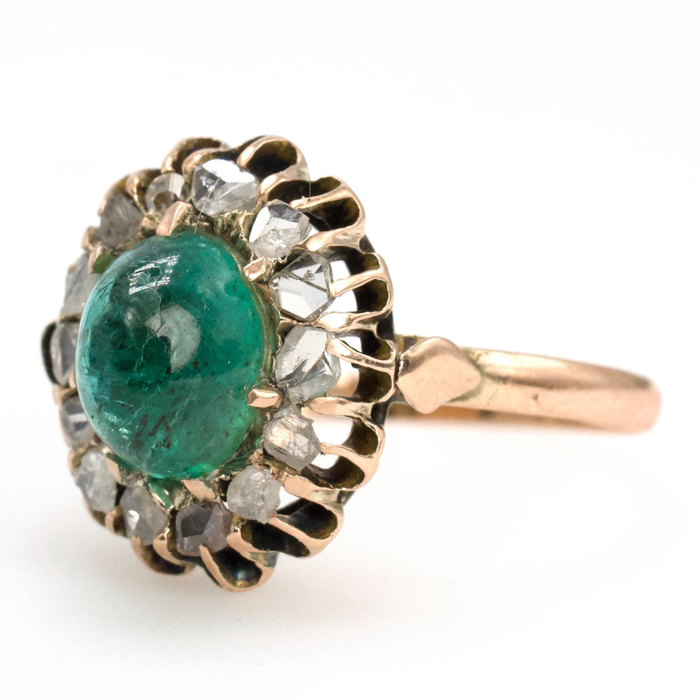 Antique Cabochon Emerald and Rose Cut Diamond Halo Ring