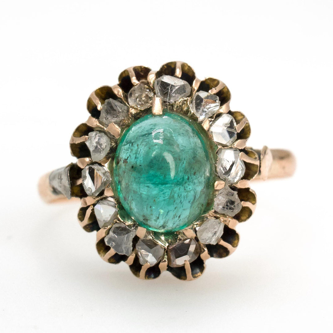 Antique Cabochon Emerald and Rose Cut Diamond Halo Ring