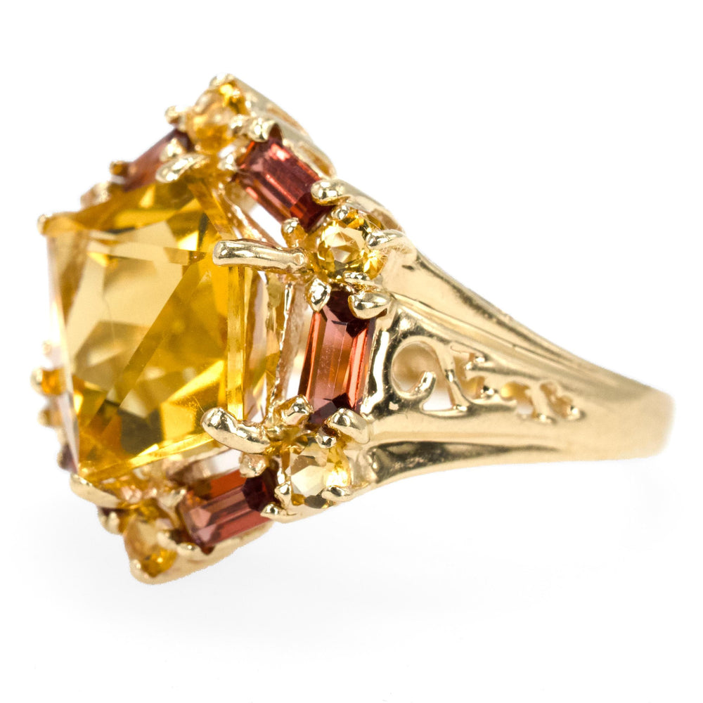 Vintage Hexagonal Cut Citrine Gold Ring with Citrine and Red Garnet Accents