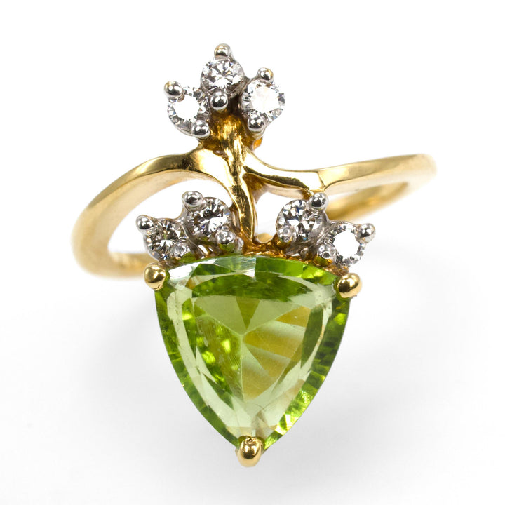 21K Gold Trillion Cut Peridot and Diamond Ring