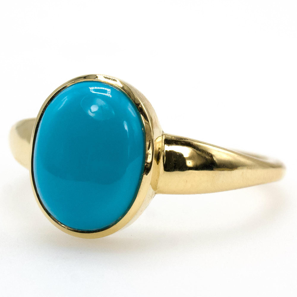 Oval Cabochon Sleeping Beauty Turquoise Bezel Solitaire in 18K Yellow Gold