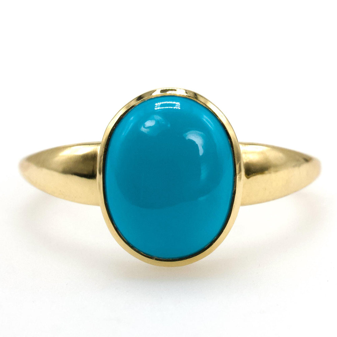 Oval Cabochon Sleeping Beauty Turquoise Bezel Solitaire in 18K Yellow Gold
