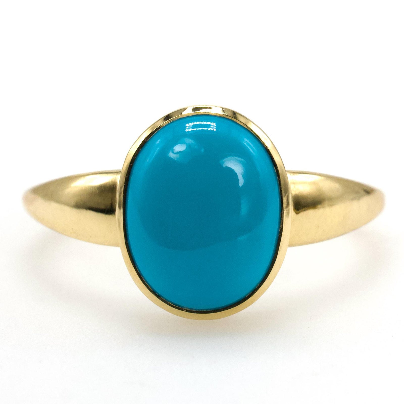 Oval Cabochon Sleeping Beauty Turquoise Bezel Solitaire in 18K Yellow Gold