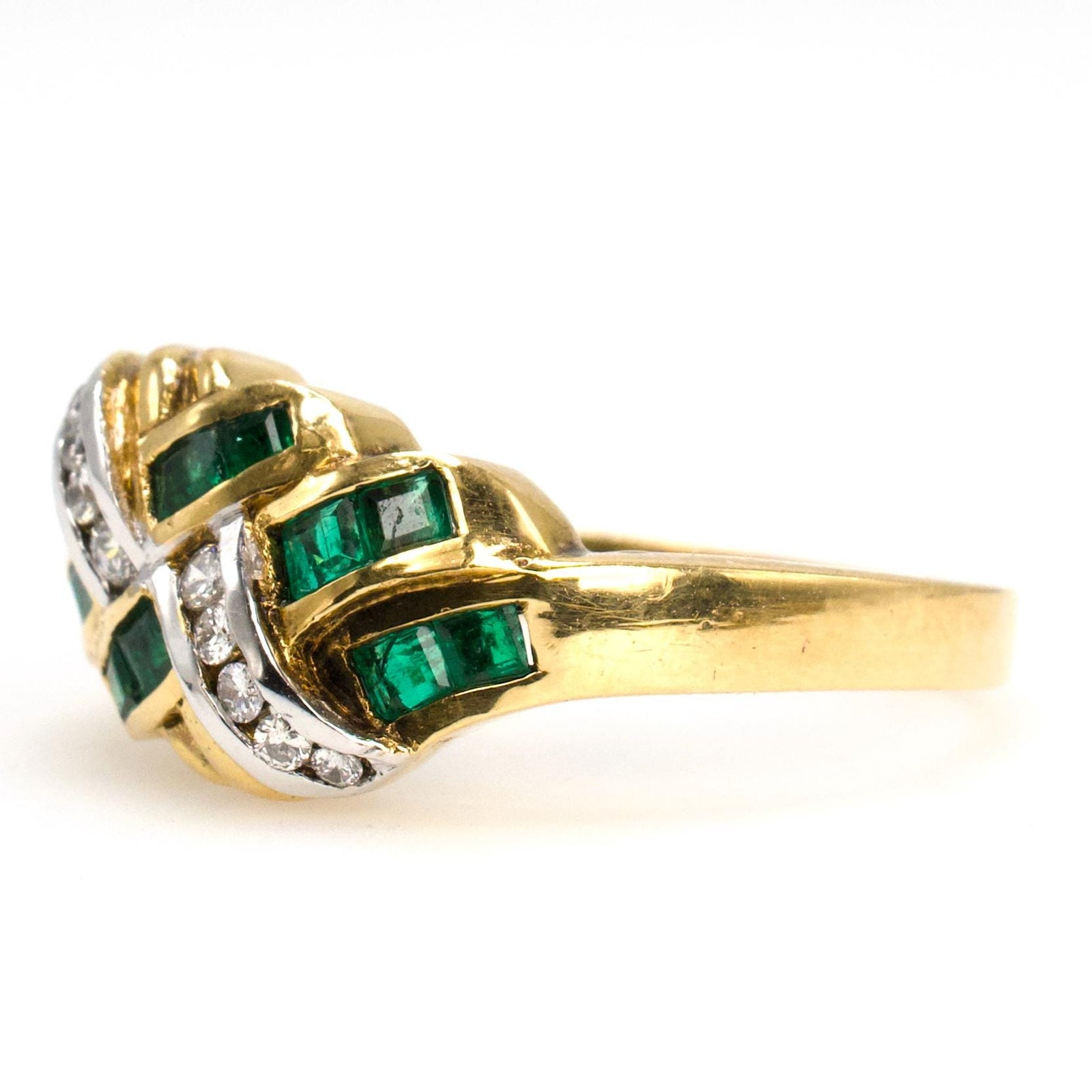 Wide Twisted Emerald and Diamond Band in 18K Yellow Gold