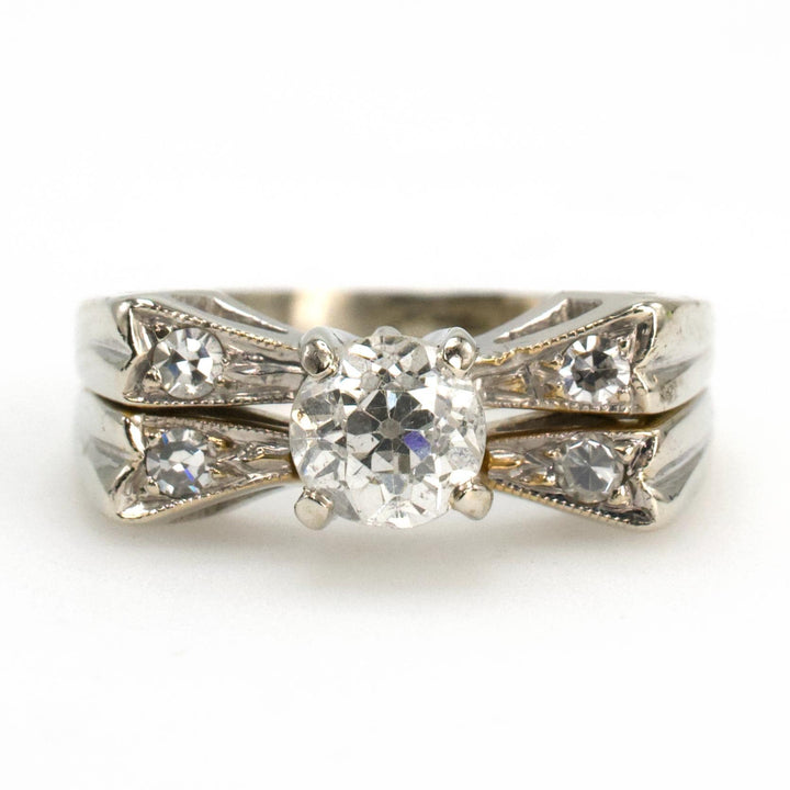 Art Deco 14K White Gold Old European Cut and Single Cut Diamond Bow Ring