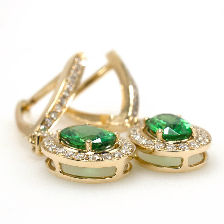 14K Yellow Gold Green Tsavorite Garnet Drop Earrings with Diamond Halo