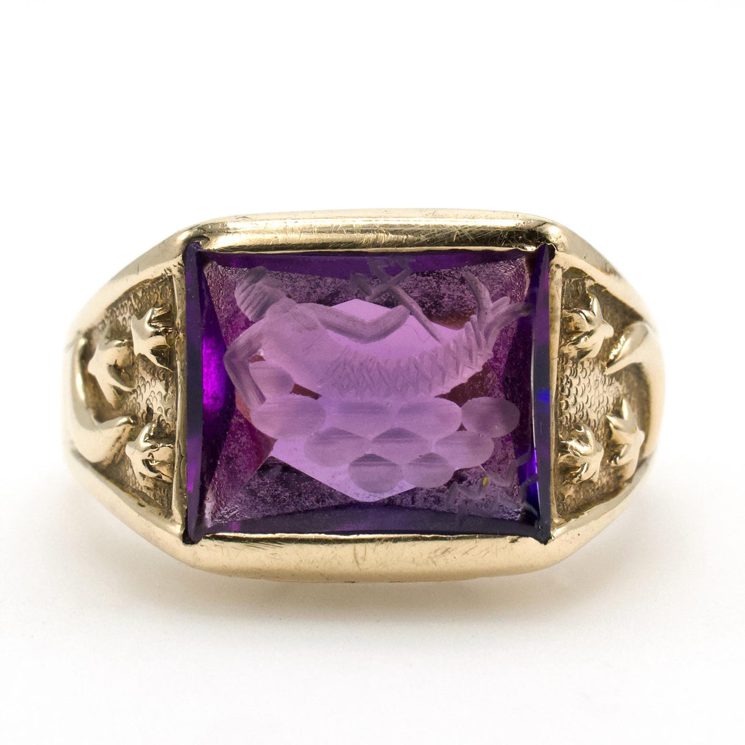 Neoclassical 1930s Gold Gents Ring with Purple Sapphire Intaglio of Triton