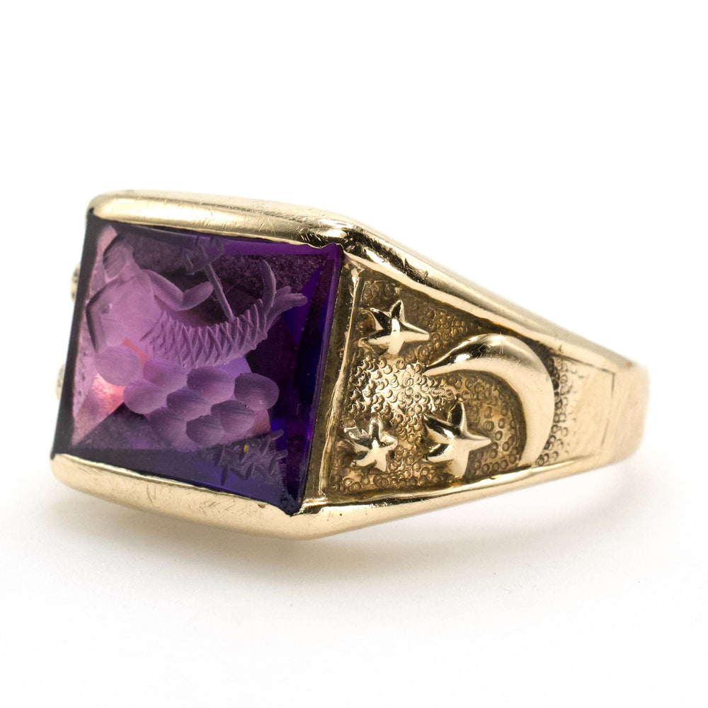 Neoclassical 1930s Gold Gents Ring with Purple Sapphire Intaglio of Triton