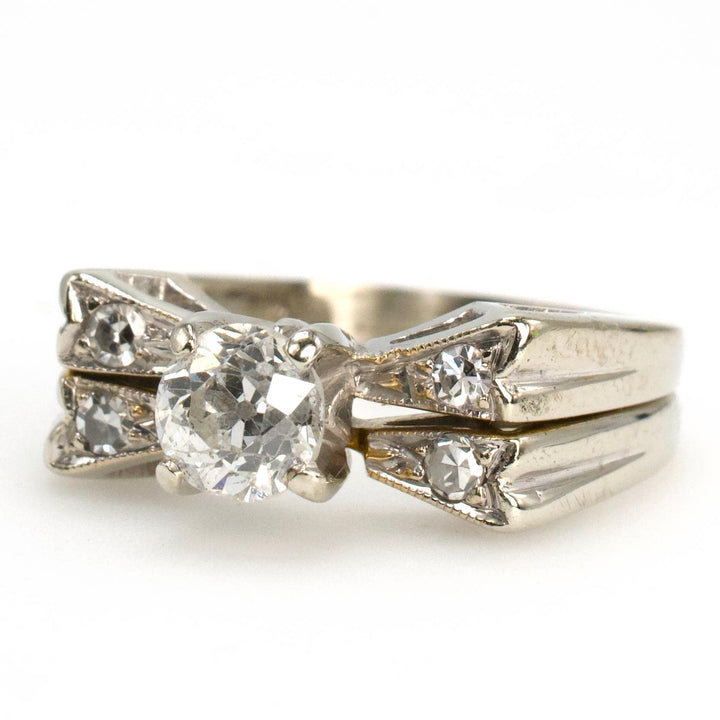 Art Deco 14K White Gold Old European Cut and Single Cut Diamond Bow Ring