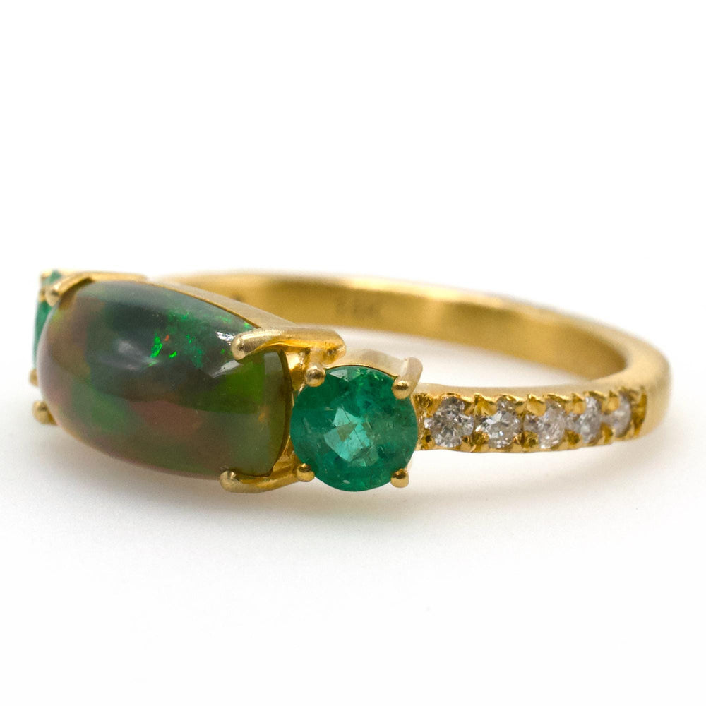 East-West Oblong Ethiopian Opal Ring with Emeralds in 14K Gold