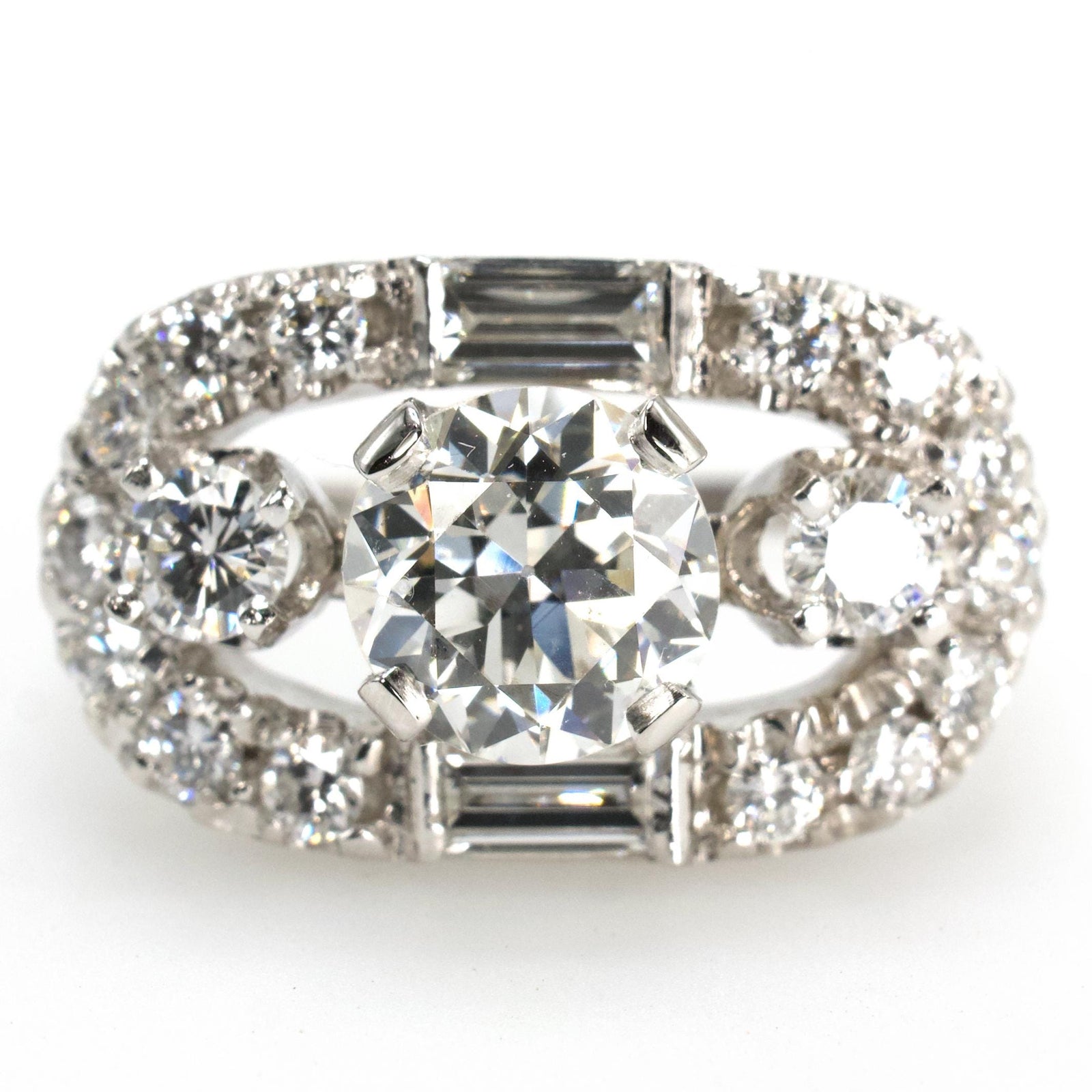 Vintage Estate 1.04 Carat Old European Cut Diamond Open Top Ring with Baguette Accents