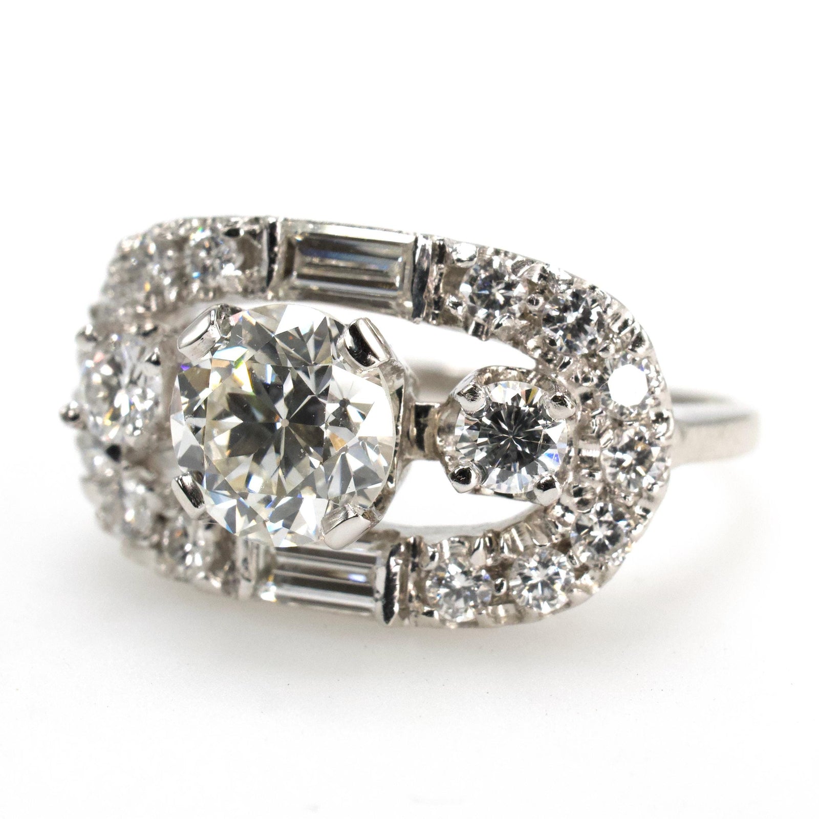 Vintage Estate 1.04 Carat Old European Cut Diamond Open Top Ring with Baguette Accents