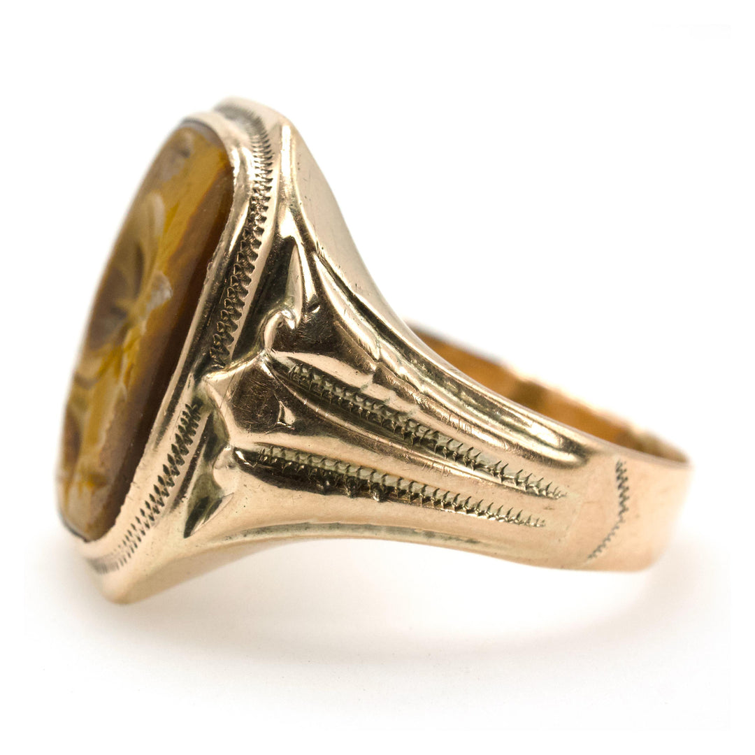 Ostby & Barton Gold Ring with Intaglio Profile of Soldier in Tiger's Eye (circa 1930s)