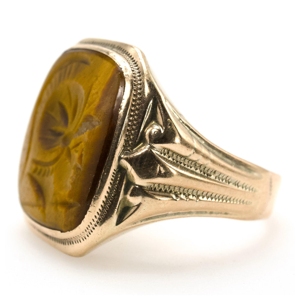 Ostby & Barton Gold Ring with Intaglio Profile of Soldier in Tiger's Eye (circa 1930s)