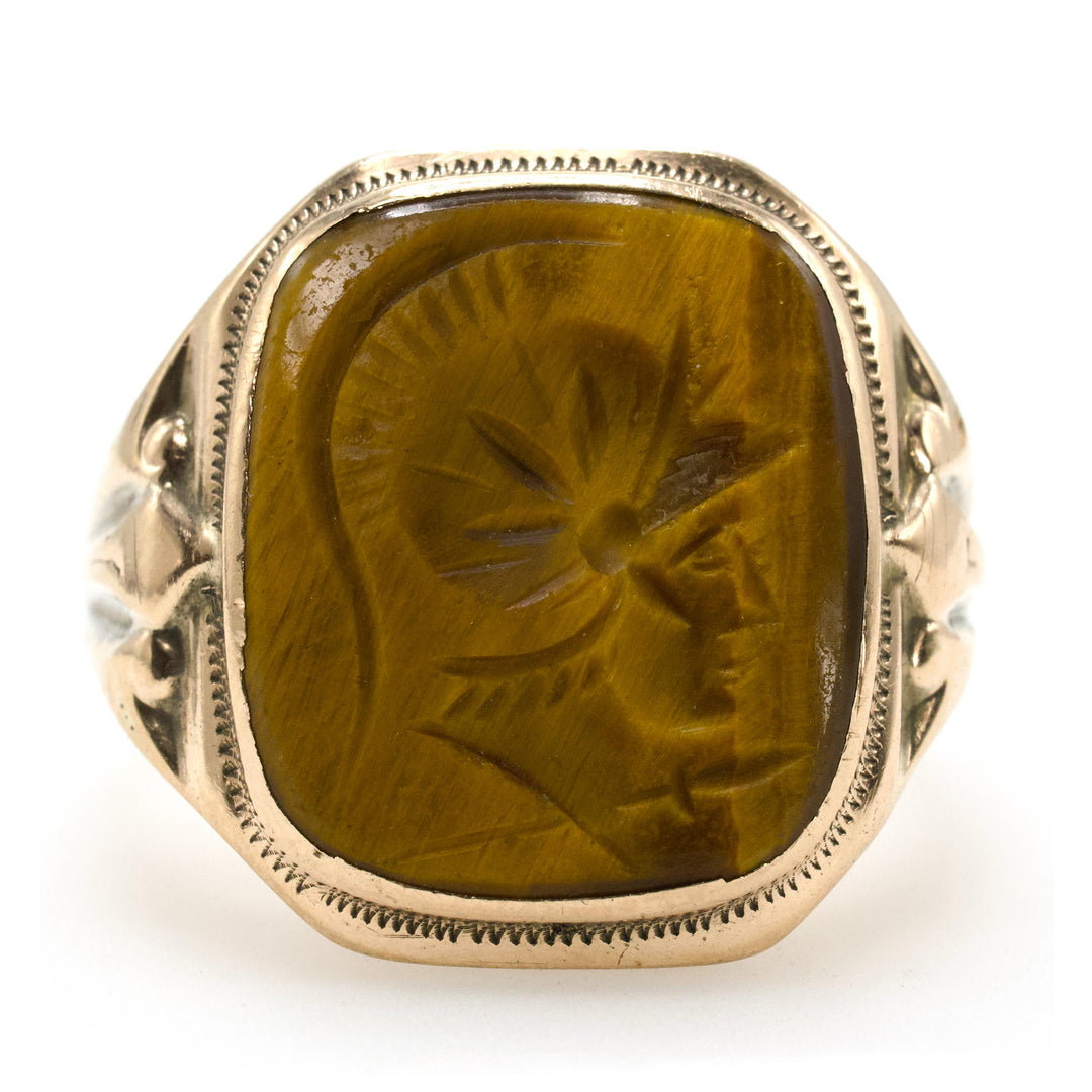 Ostby & Barton Gold Ring with Intaglio Profile of Soldier in Tiger's Eye (circa 1930s)