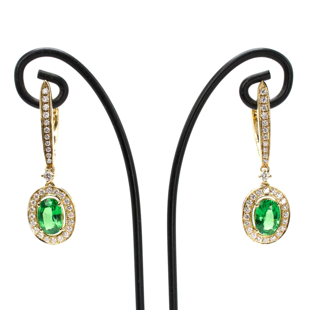 14K Yellow Gold Green Tsavorite Garnet Drop Earrings with Diamond Halo