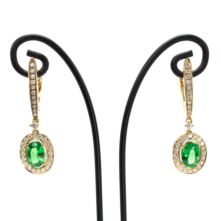 14K Yellow Gold Green Tsavorite Garnet Drop Earrings with Diamond Halo