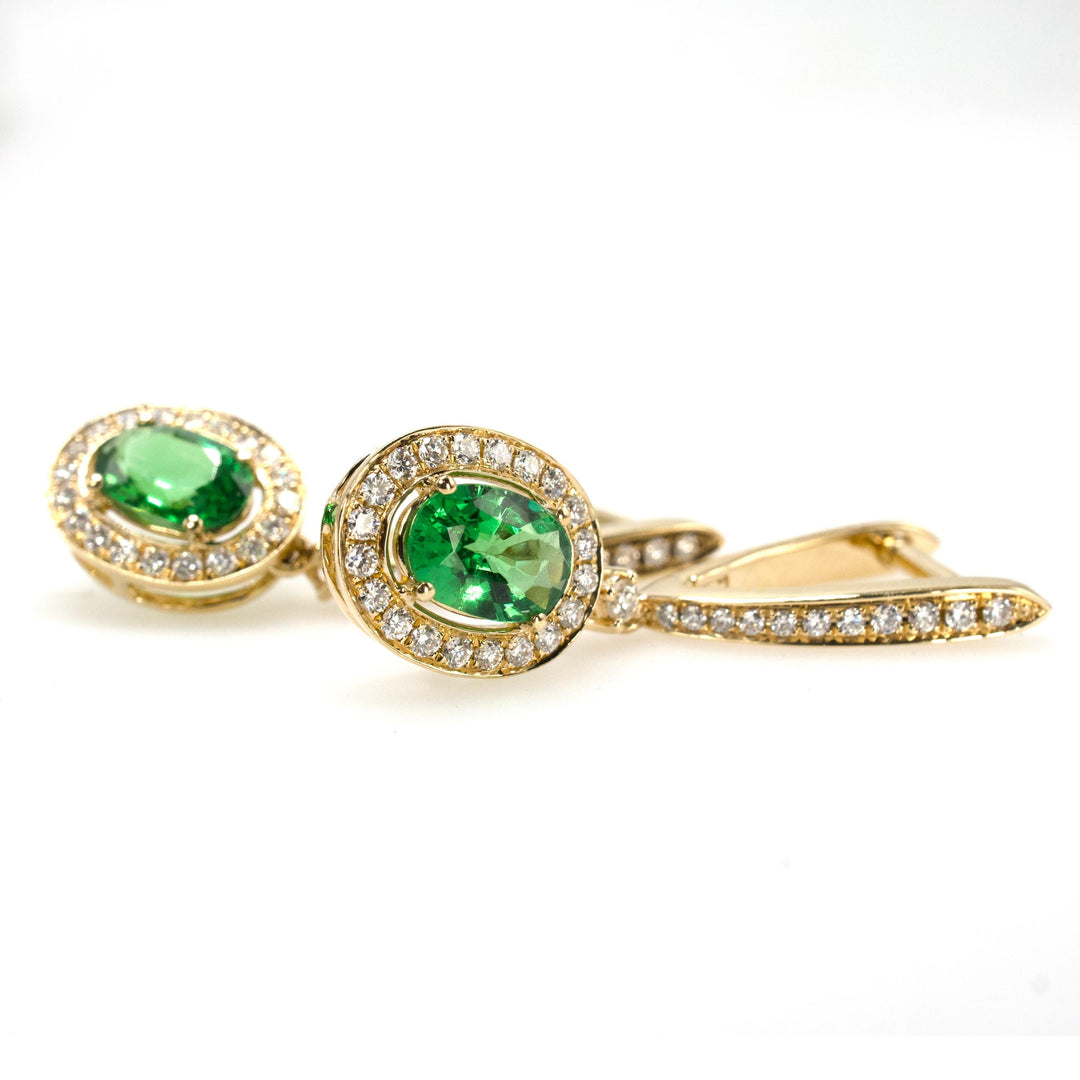 14K Yellow Gold Green Tsavorite Garnet Drop Earrings with Diamond Halo