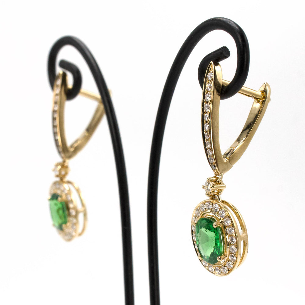 14K Yellow Gold Green Tsavorite Garnet Drop Earrings with Diamond Halo