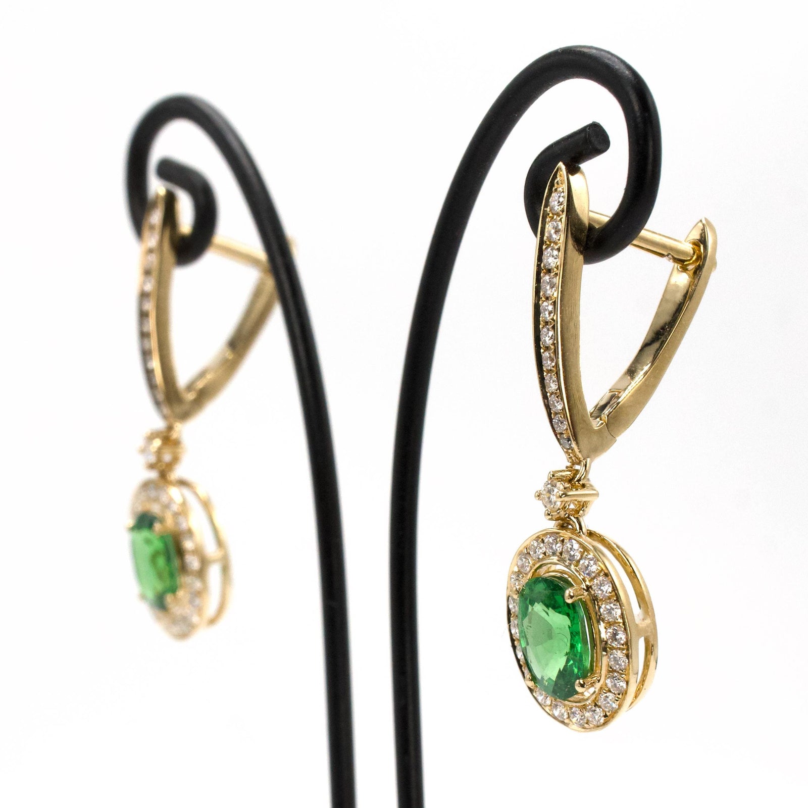 14K Yellow Gold Green Tsavorite Garnet Drop Earrings with Diamond Halo