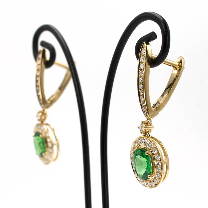 14K Yellow Gold Green Tsavorite Garnet Drop Earrings with Diamond Halo