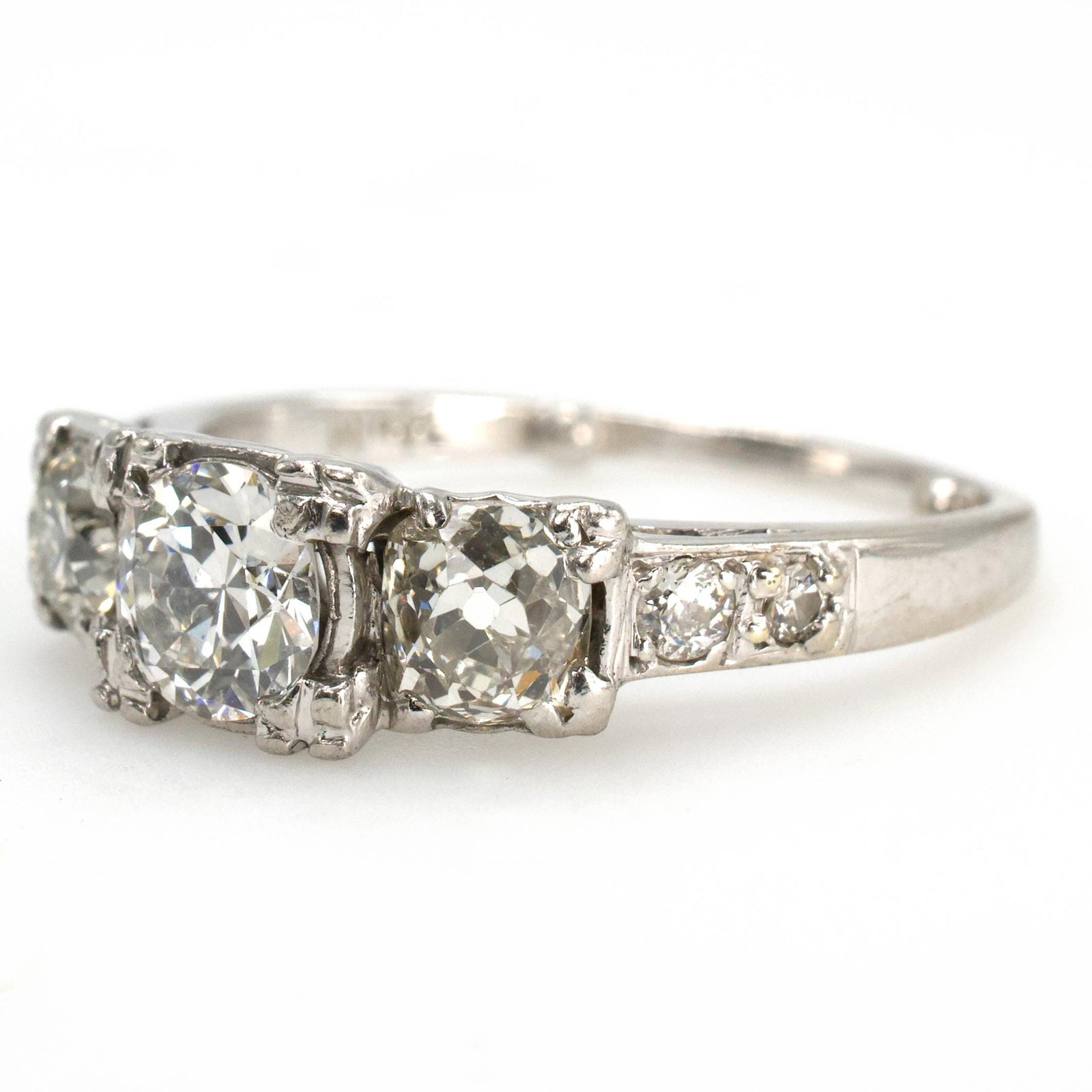 Vintage European and Old Mine Cut Three Stone Diamond Ring