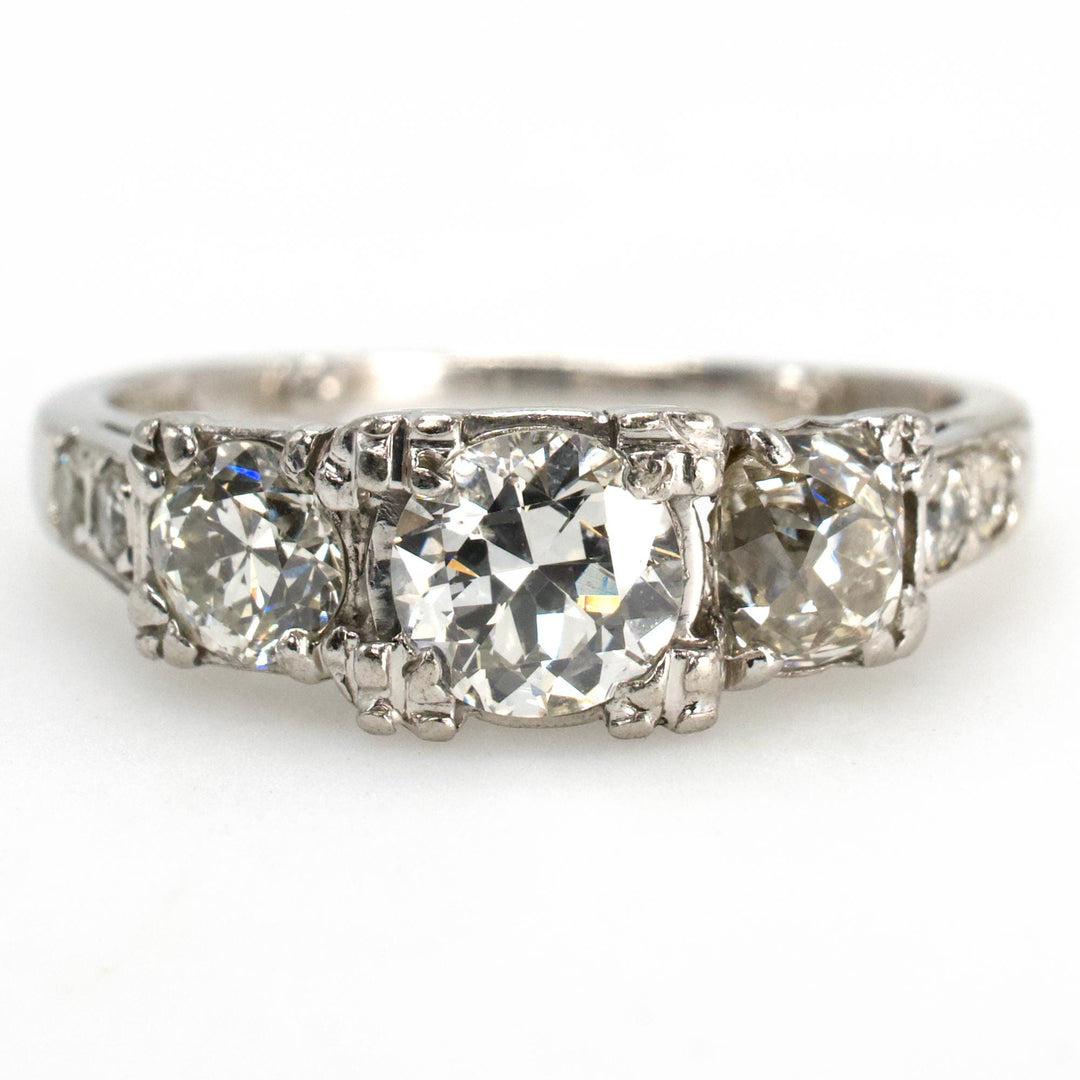 Vintage European and Old Mine Cut Three Stone Diamond Ring