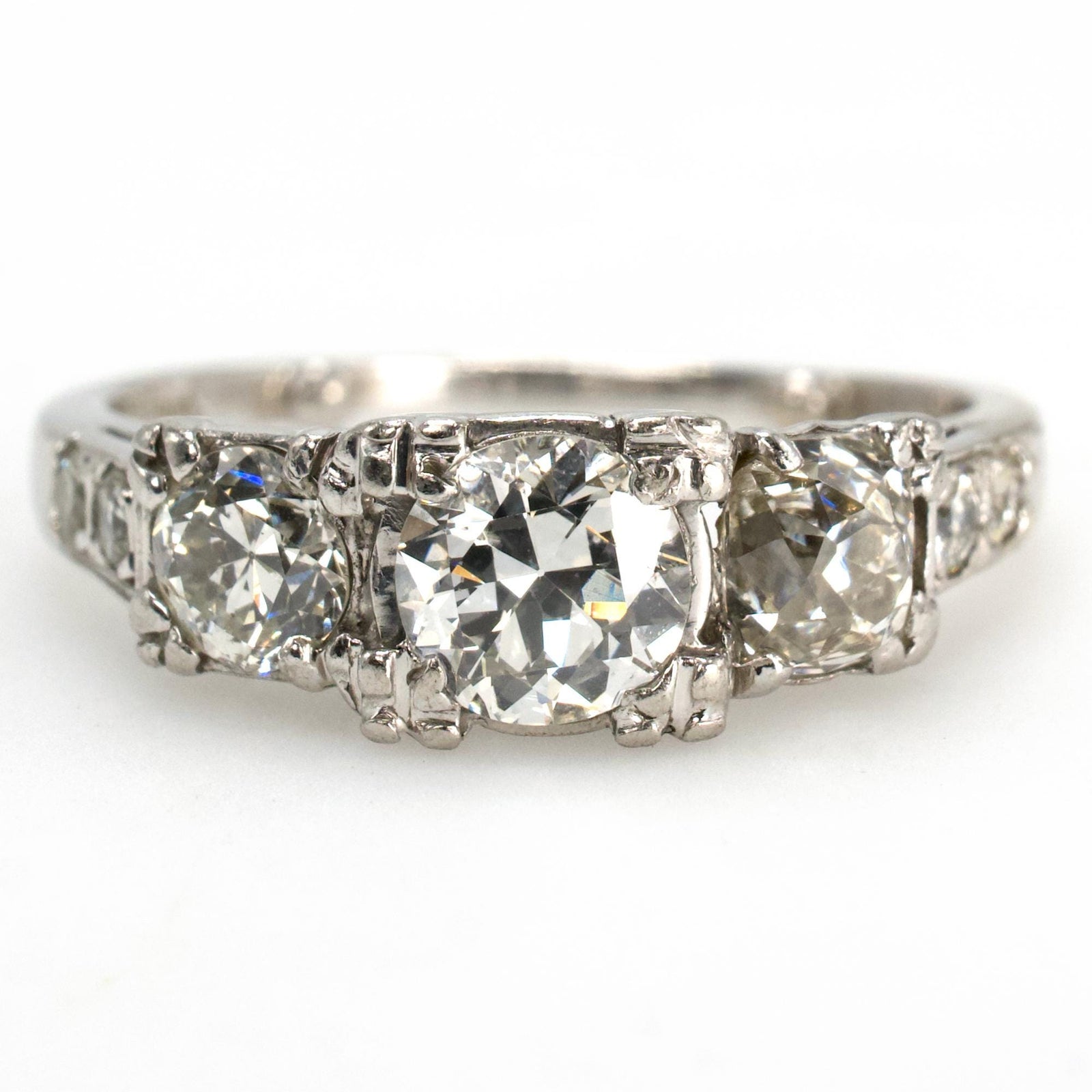 Vintage European and Old Mine Cut Three Stone Diamond Ring