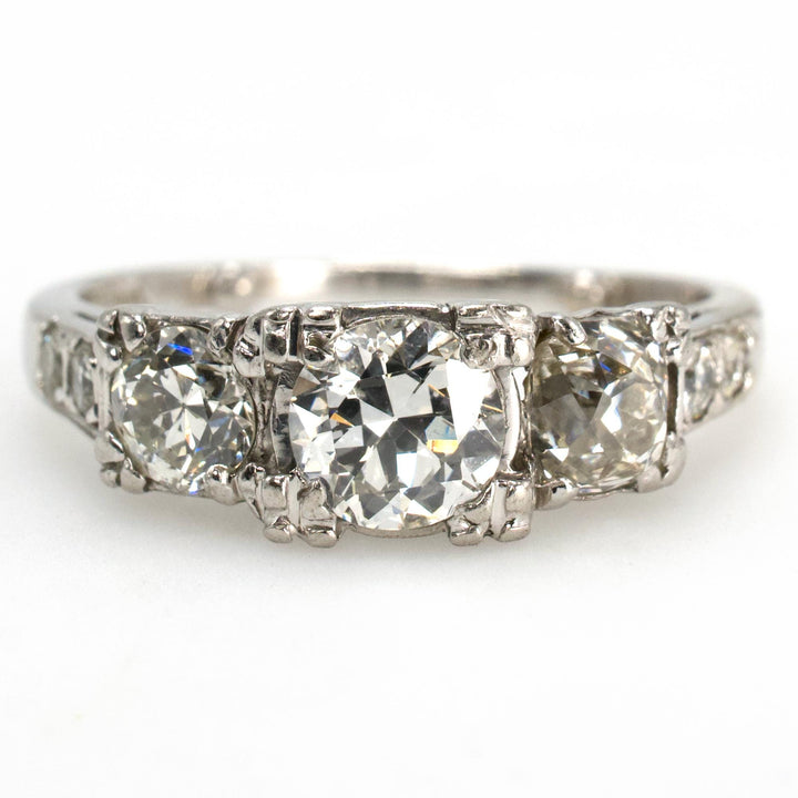 Vintage European and Old Mine Cut Three Stone Diamond Ring