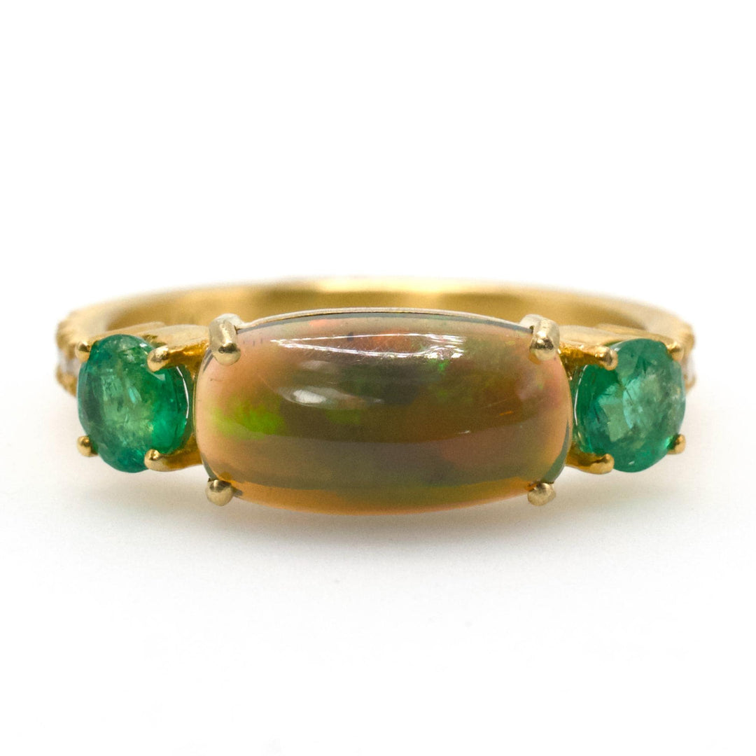 East-West Oblong Ethiopian Opal Ring with Emeralds in 14K Gold