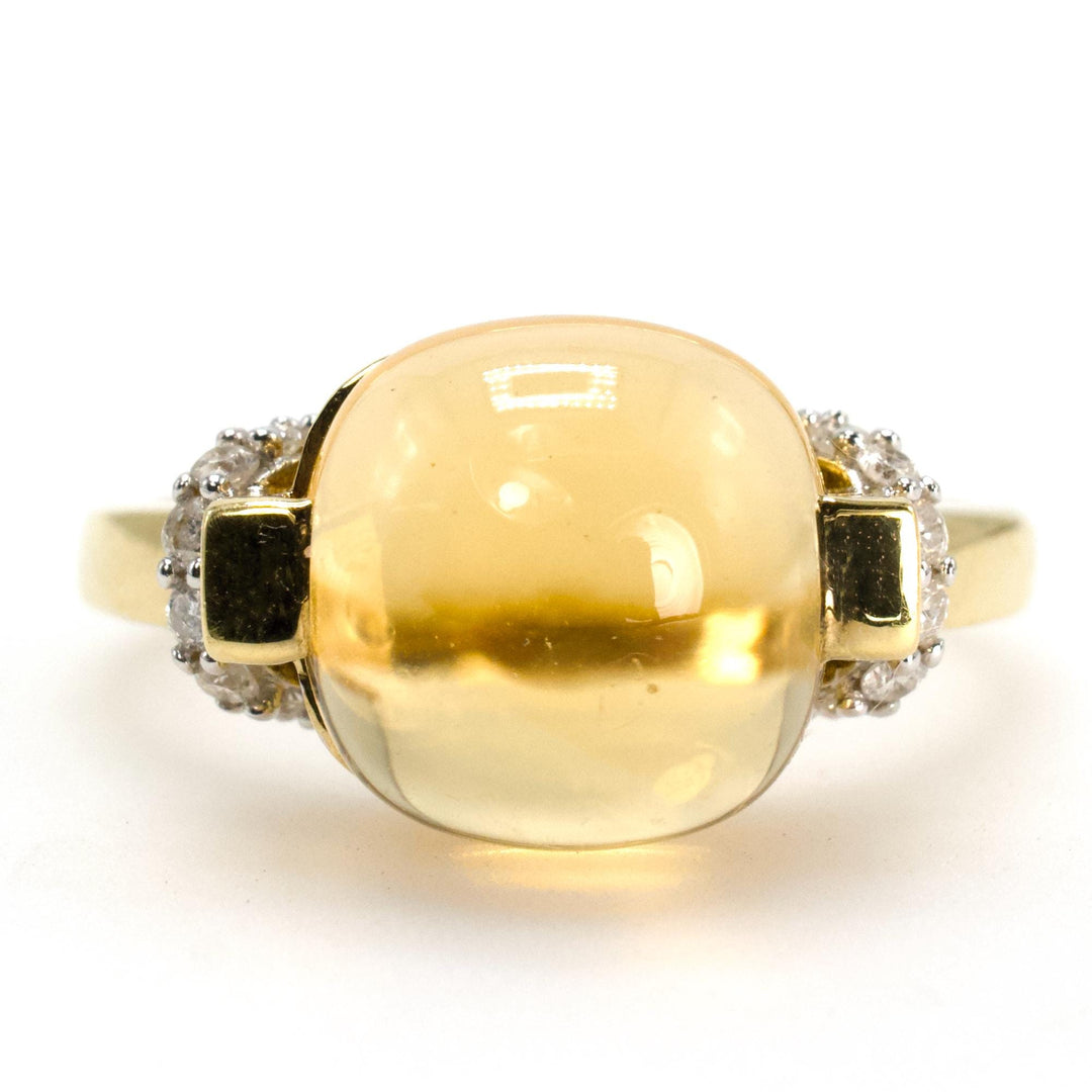 Large Round Cabochon Citrine Ring with Diamond Accents in 18K Gold