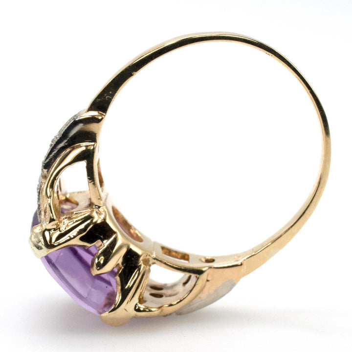 East-West Elongated Cushion Cut Amethyst in Bicolor Gold Midcentury Ring