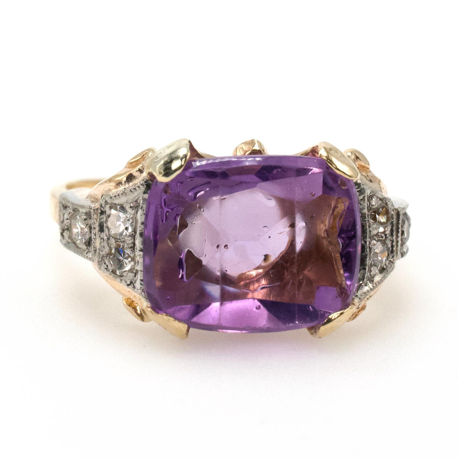 East-West Elongated Cushion Cut Amethyst in Bicolor Gold Midcentury Ring