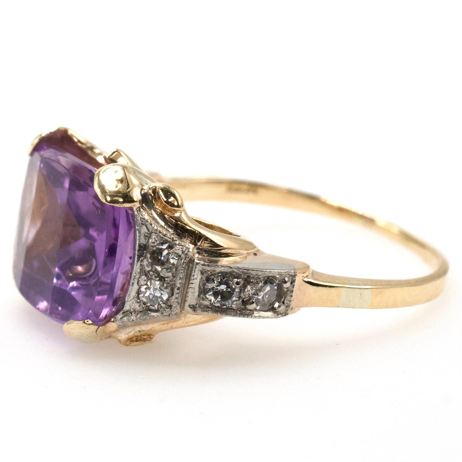 East-West Elongated Cushion Cut Amethyst in Bicolor Gold Midcentury Ring