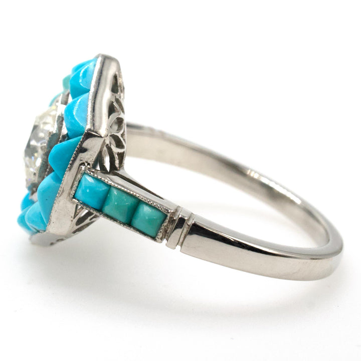 Art Deco Style 0.87 Carat Old European Cut Diamond Ring with Turquoise Halo in Platinum