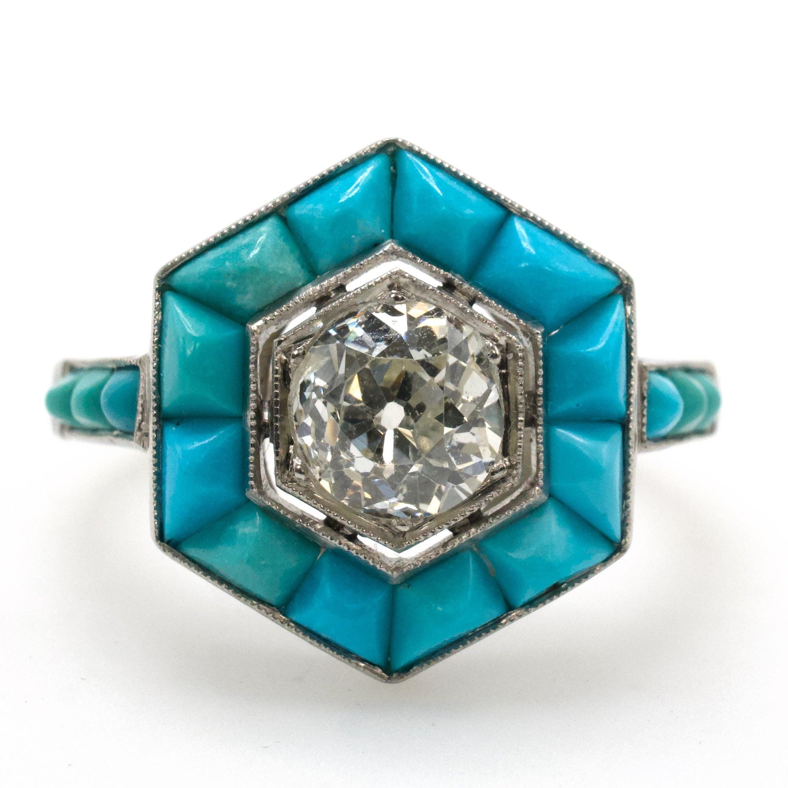 Art Deco Style 0.87 Carat Old European Cut Diamond Ring with Turquoise Halo in Platinum