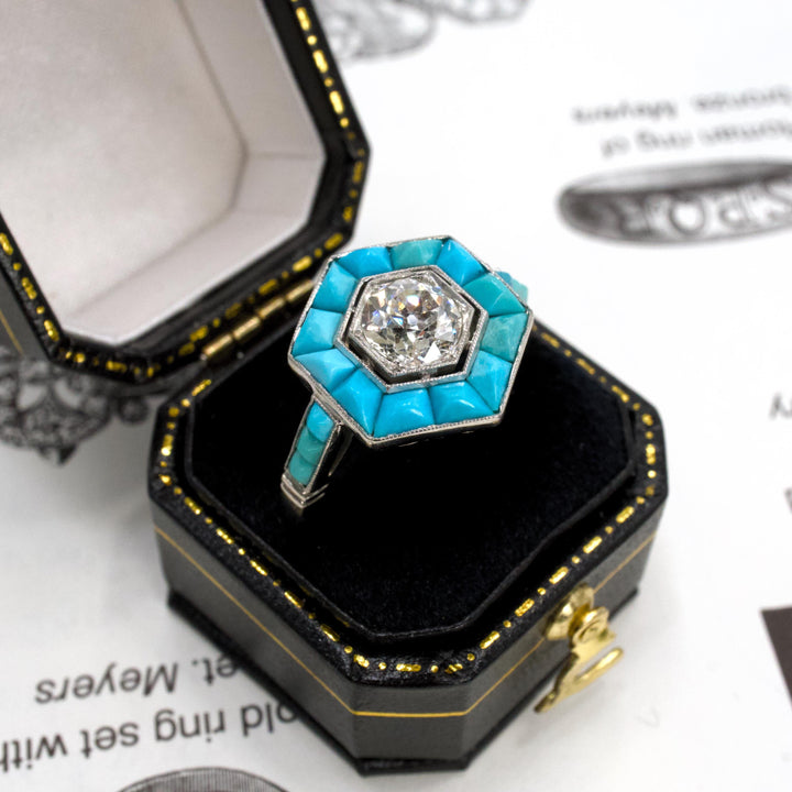 Art Deco Style 0.87 Carat Old European Cut Diamond Ring with Turquoise Halo in Platinum