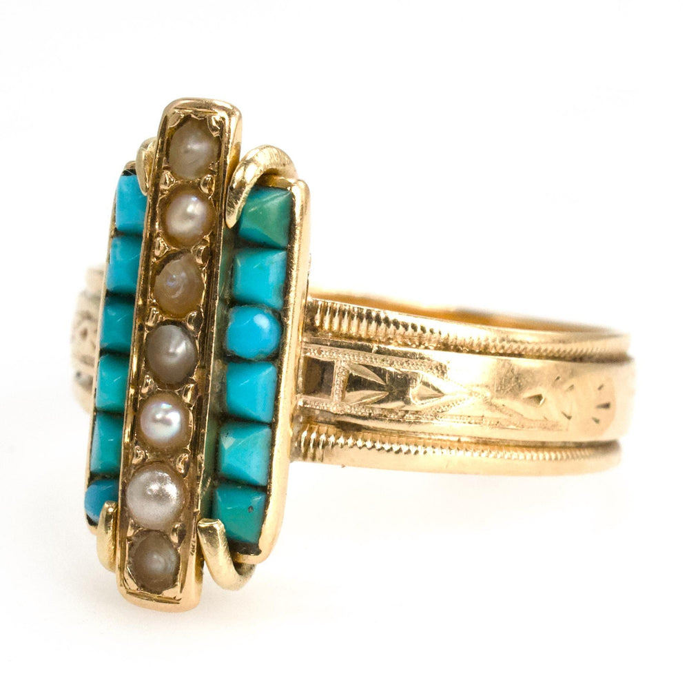 Victorian Seed Pearl and Turquoise 14K Gold Long Bar Ring