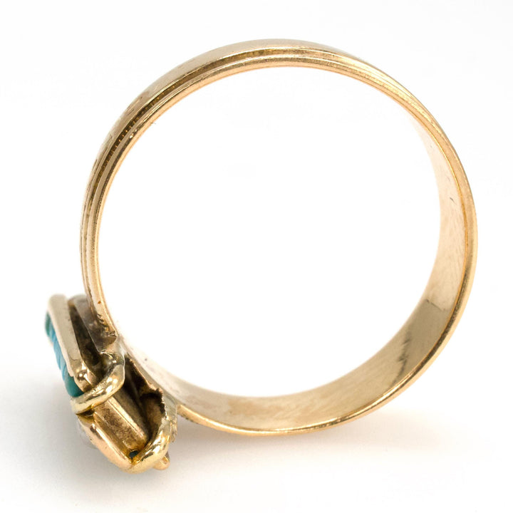 Victorian Seed Pearl and Turquoise 14K Gold Long Bar Ring