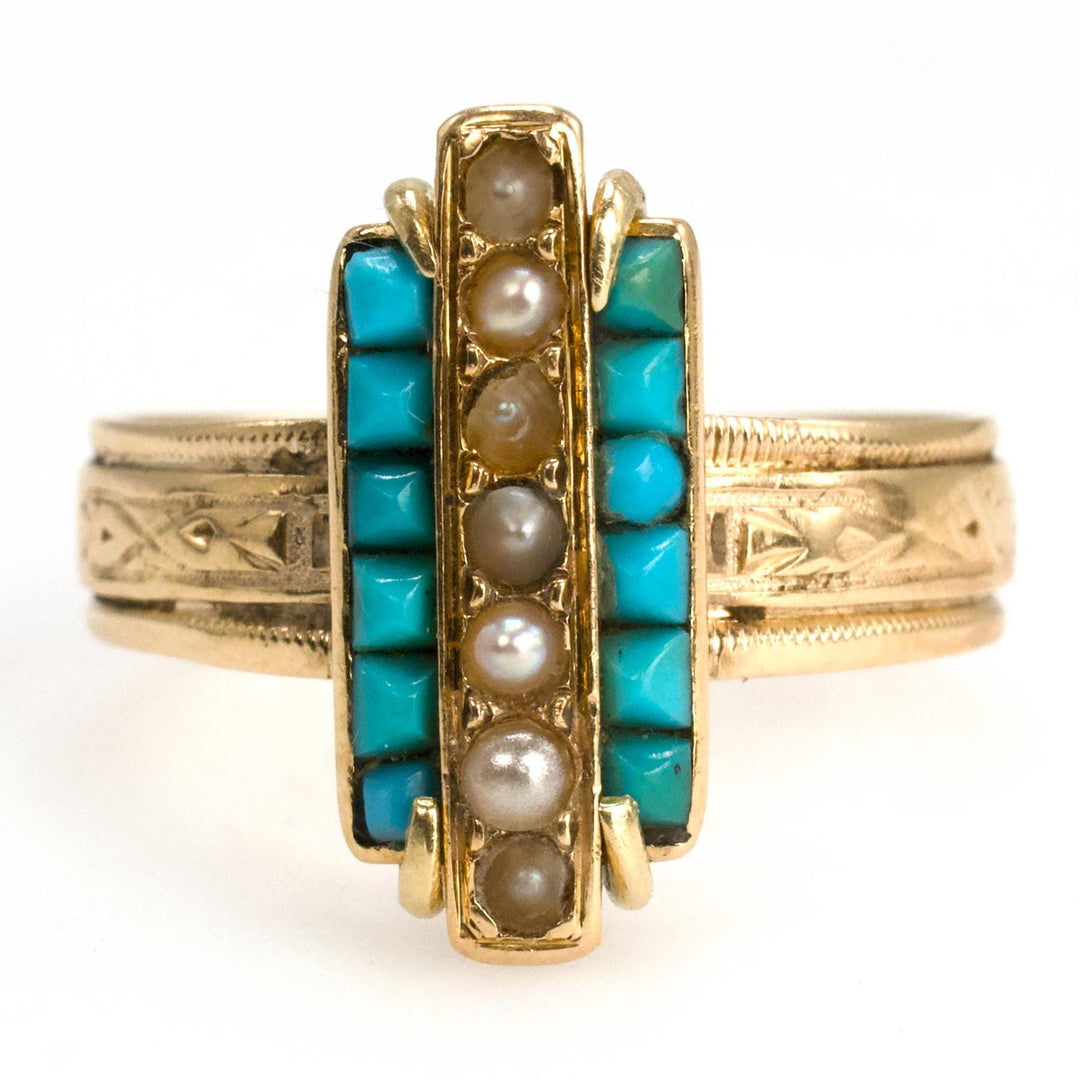 Victorian Seed Pearl and Turquoise 14K Gold Long Bar Ring