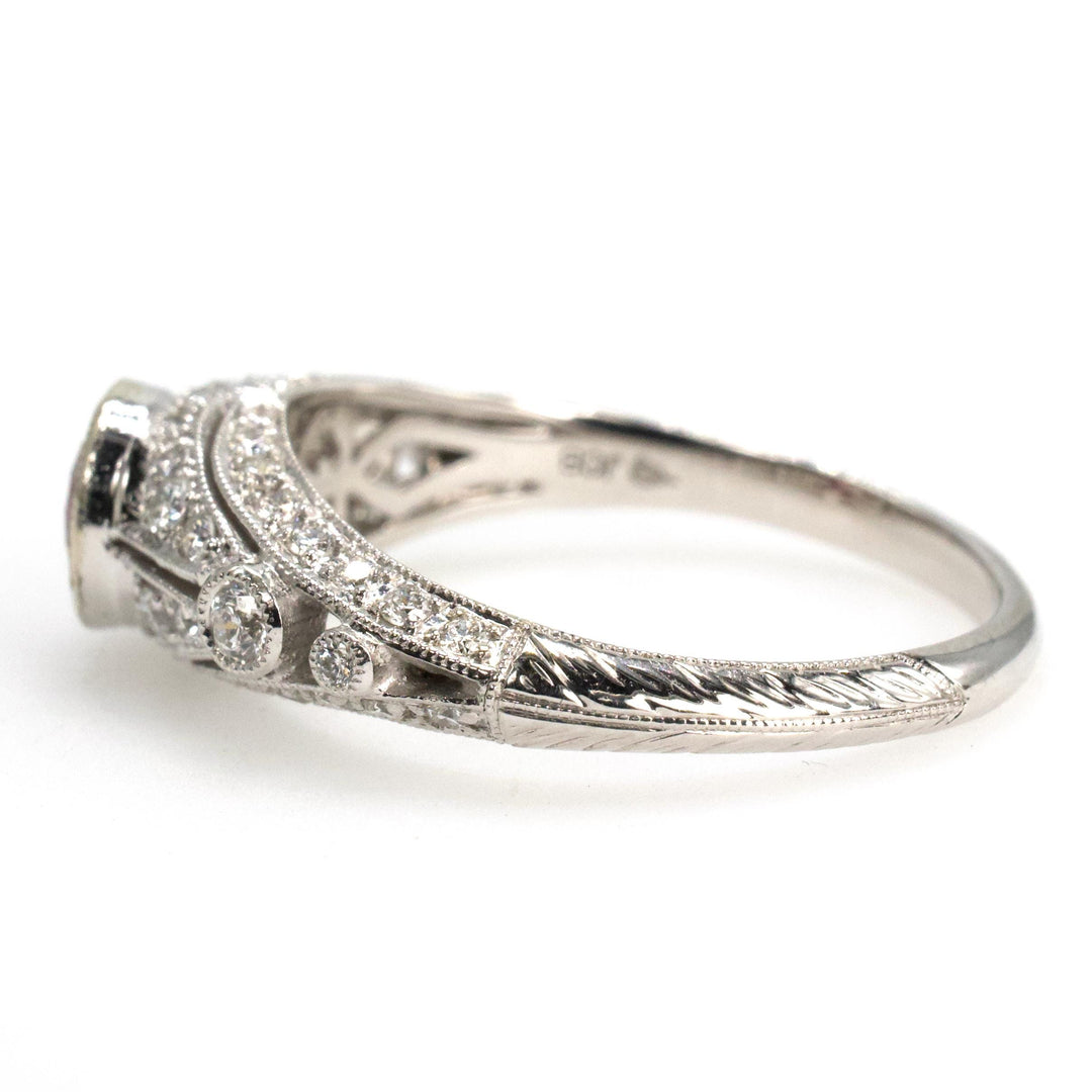 Art Deco Style 14K White Gold Diamond Accented Bezel Set Solitaire with Natural Ruby