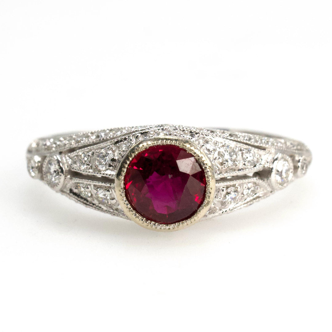 Art Deco Style 14K White Gold Diamond Accented Bezel Set Solitaire with Natural Ruby