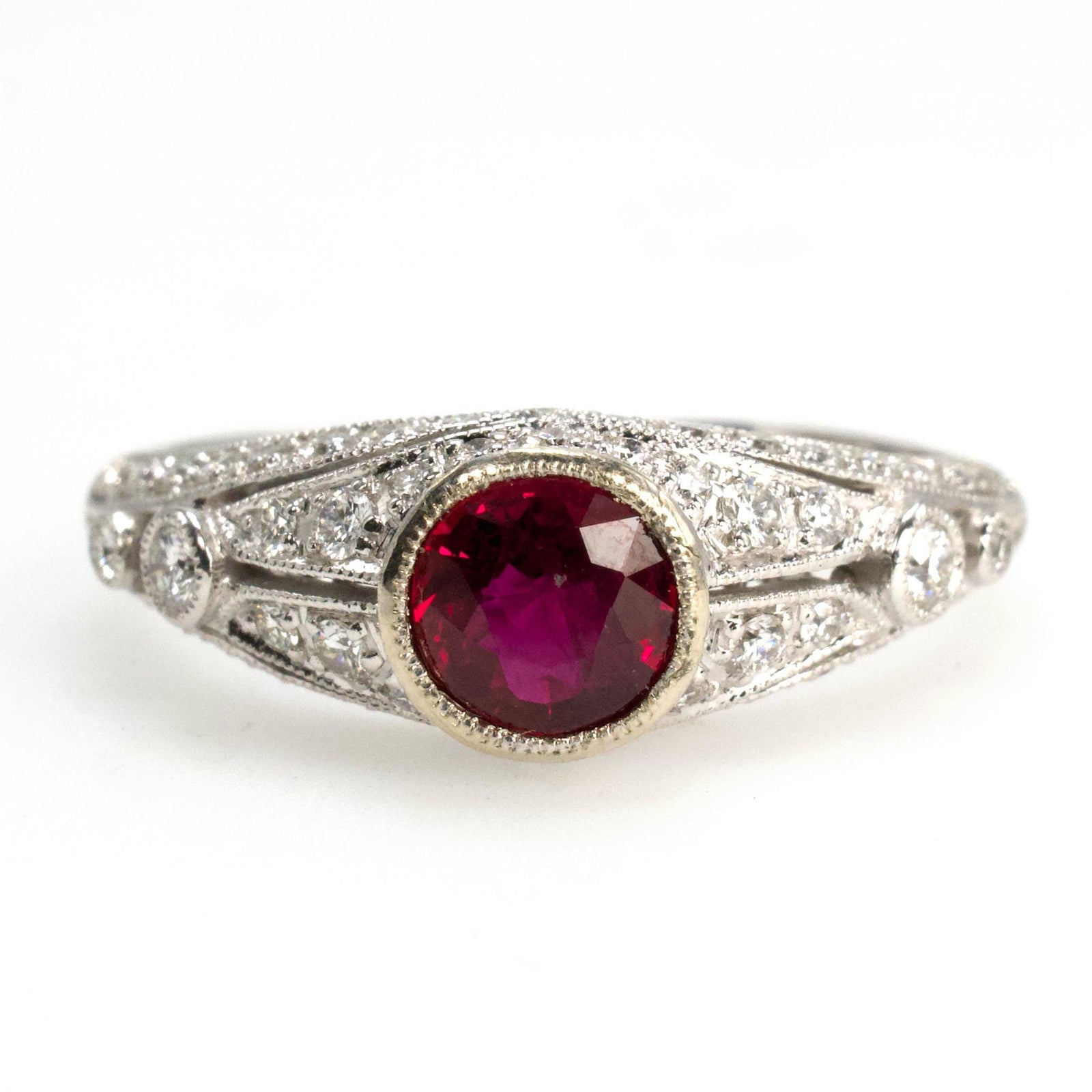 Art Deco Style 14K White Gold Diamond Accented Bezel Set Solitaire with Natural Ruby