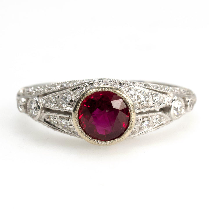 Art Deco Style 14K White Gold Diamond Accented Bezel Set Solitaire with Natural Ruby