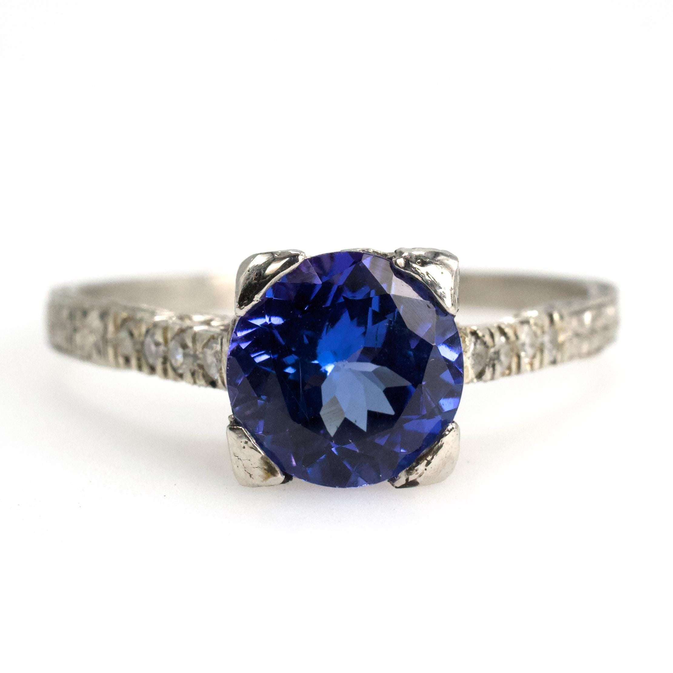 Platinum Art Deco Tanzanite Solitaire Ring with Accent