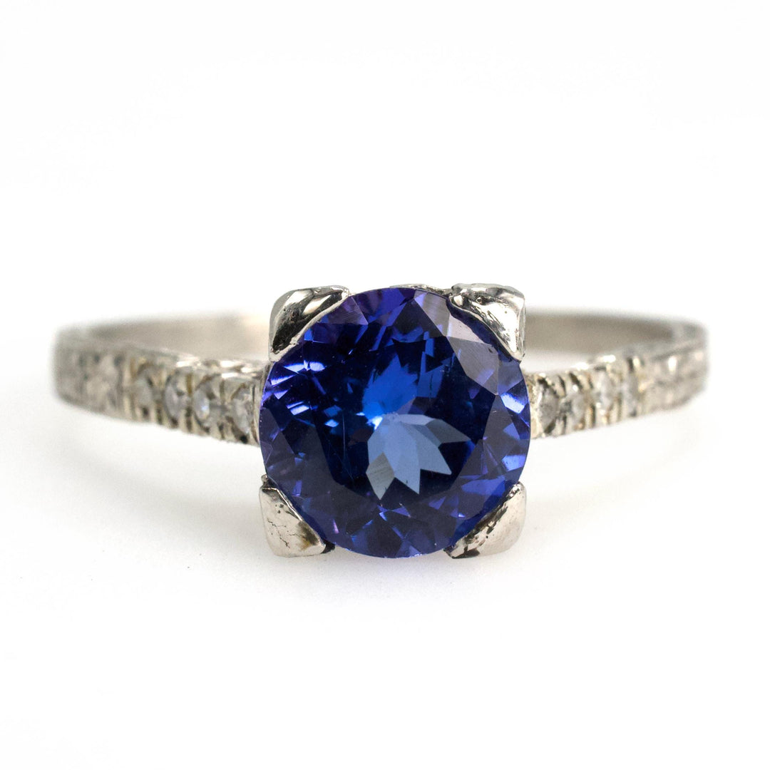 Platinum Art Deco Tanzanite Solitaire Ring with Accent Diamonds